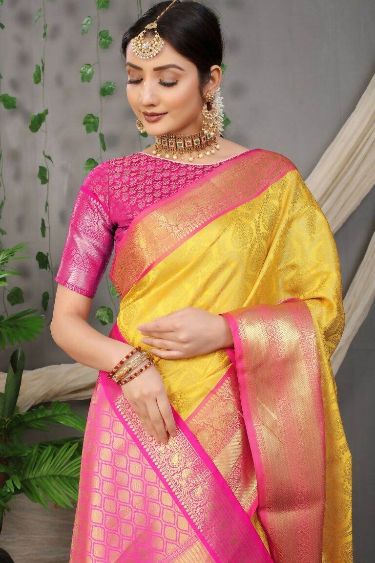 Jyoti Fashion Women's Yellow Kanjivaram Silk Zari Woven Saree with Blouse - Distacart