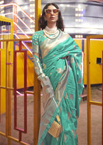 Thumbnail for Beautiful Aqua Blue Handloom Weaving Silk Saree - Emponline - Distacart