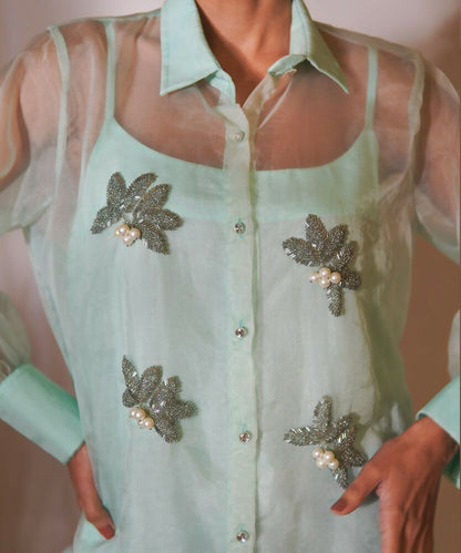 Timaraa Mint Whisper Hand-Embellished Organza Shirt - Dista