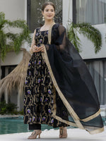 Thumbnail for The52 Black Women's Gorgeous Printed Muslin Fabric Flared Kurta Pant and Dupatta Set - Distacart