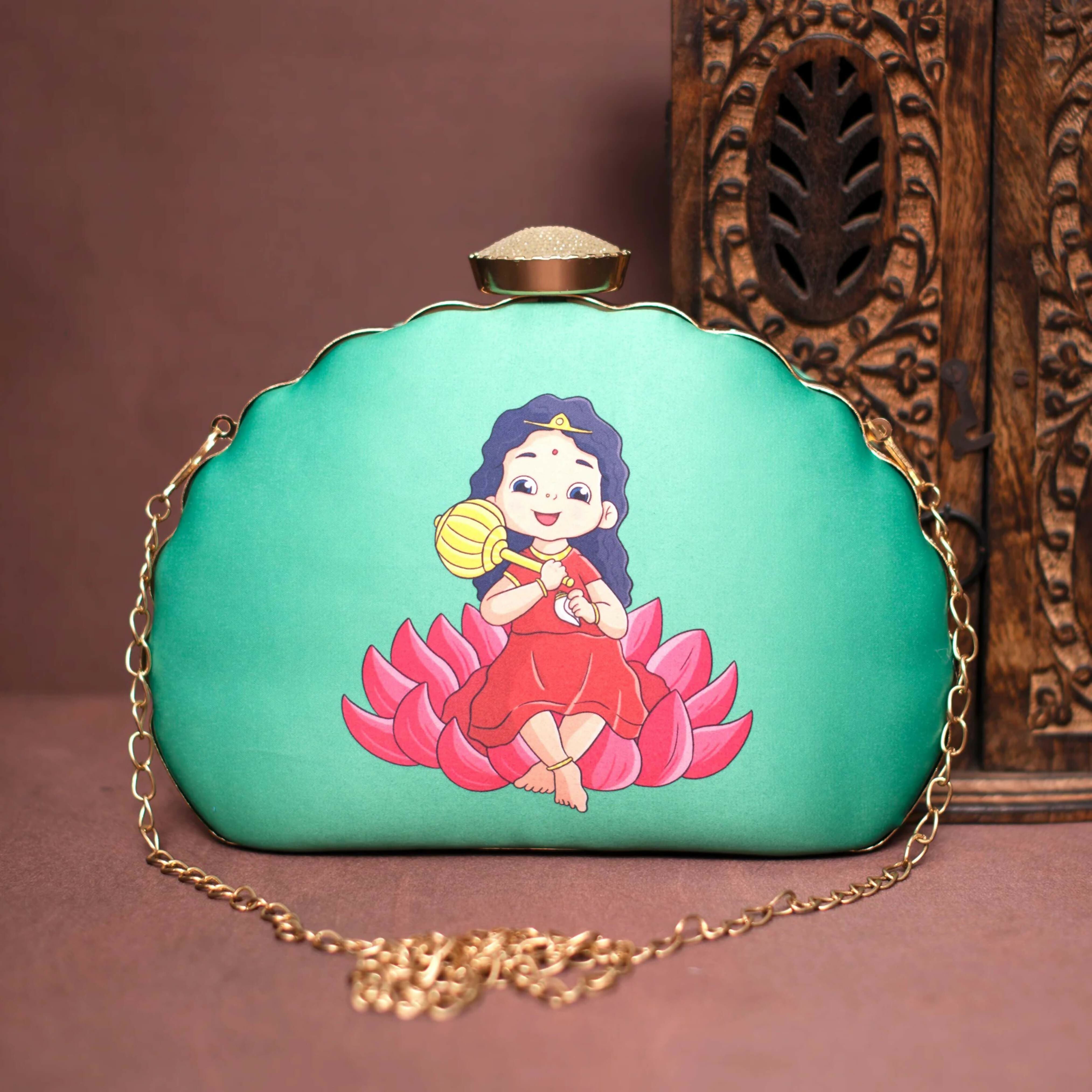 Joban Fashion Baby Durga Printed D-Shape Clutch - Green - Dista