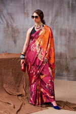 Thumbnail for Vastranavya Maroon Satin Silk Printed Saree with a Natural Silk Unstitched Blouse - Distacart