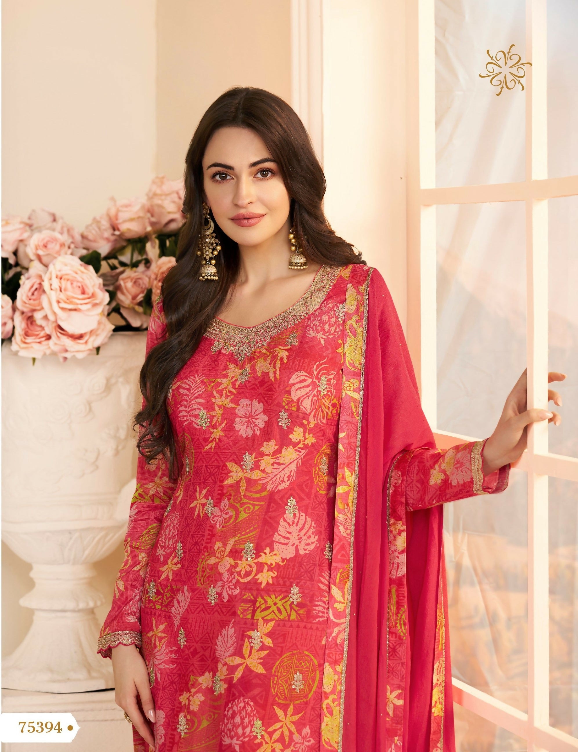 Anaita Red Chinon Stitched Suit with Multi Digital Print - Distacart