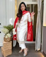 Thumbnail for The52 White Women's Beautiful Chanderi Jacquard Fabric Embroidered Work Straight Kurta Pant and Dupatta Set - Distacart