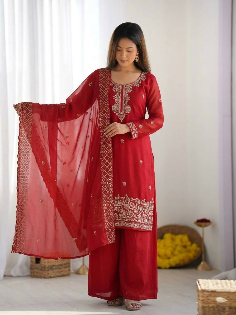 Teeya Creation Womens New Trendy Stylish Embroidery Beads Work Palazzo Kurta Set -Red - Dista