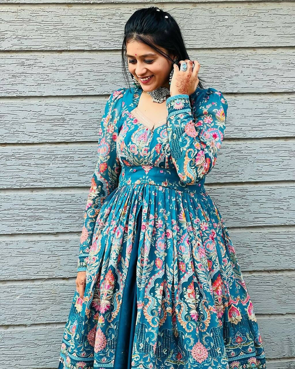 Preksha Creation Navratri Wear Boutique Styles Rayon Printed Top With Full Flare Lehenga - Blue - Distacart