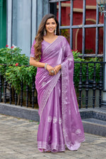 Thumbnail for Vastranavya Lavender Embroidery Work Shimmer Chiffon Saree with Unstitched Blouse