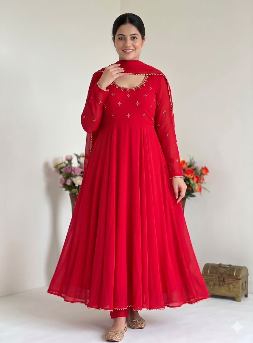 Teeya Creation New Trendy Party Wear Look Gerorrget Gown With Pant Dupatta Set - Red - Dista