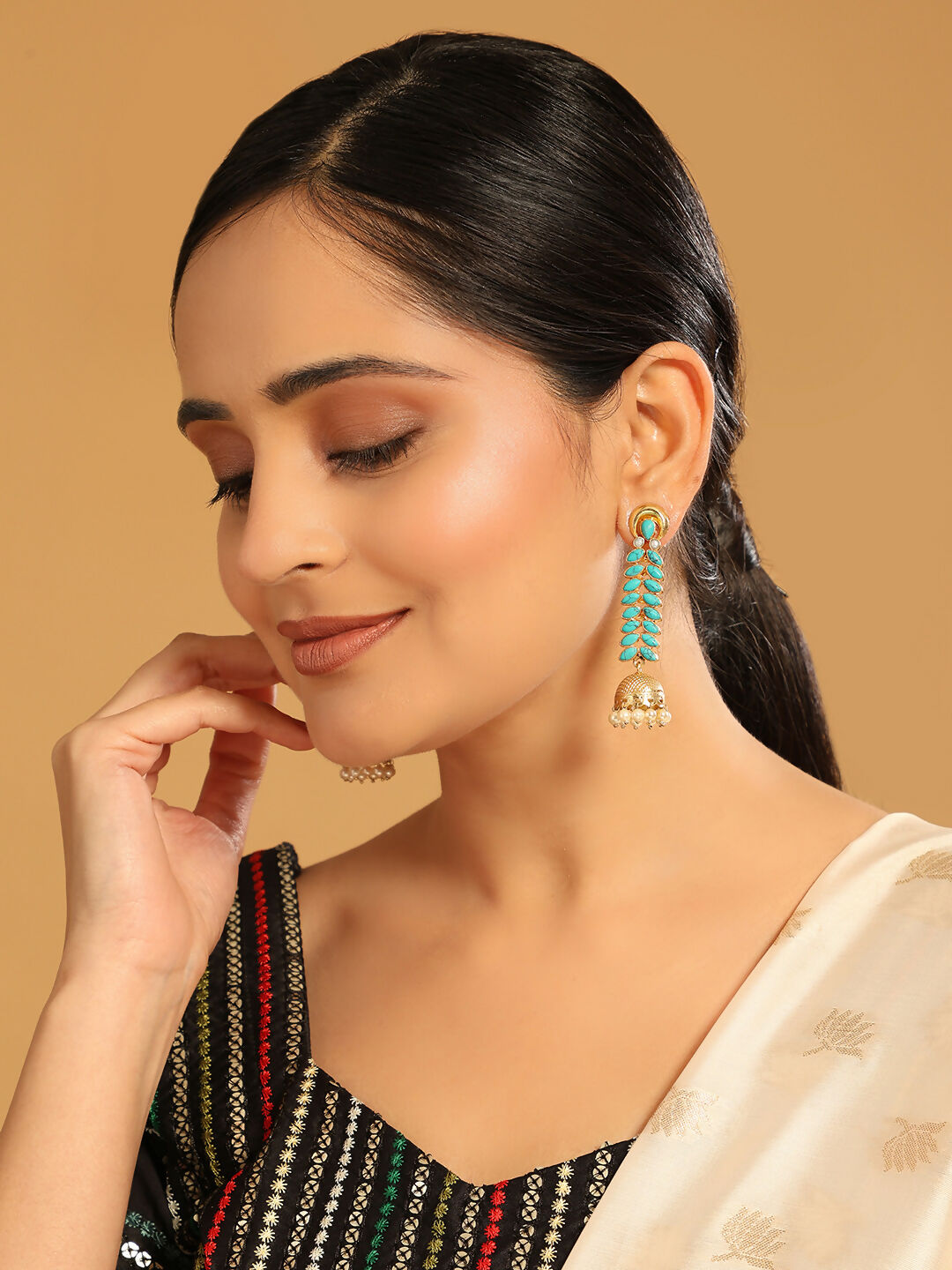 Nuyug 22K Gold Plated Pearl & Turquoise Stone Studded Contemporary Shaped Jhumkas