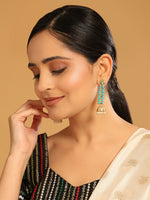 Thumbnail for Nuyug 22K Gold Plated Pearl & Turquoise Stone Studded Contemporary Shaped Jhumkas