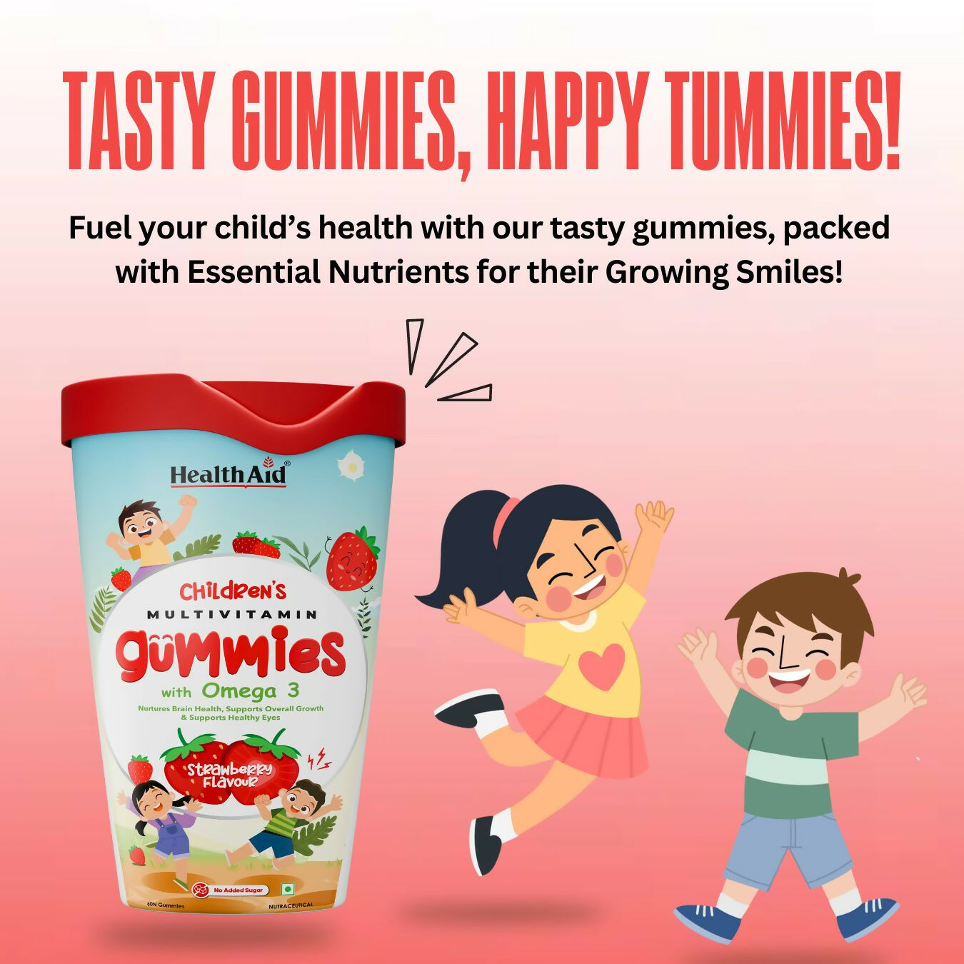 HealthAid Children's Multivitamin Gummies with Omega 3 Gummies - Strawberry Flavour - Distacart