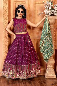 Thumbnail for Kids Functional Designer Wine Chinon Fab Lehenga choli - Aaradhna