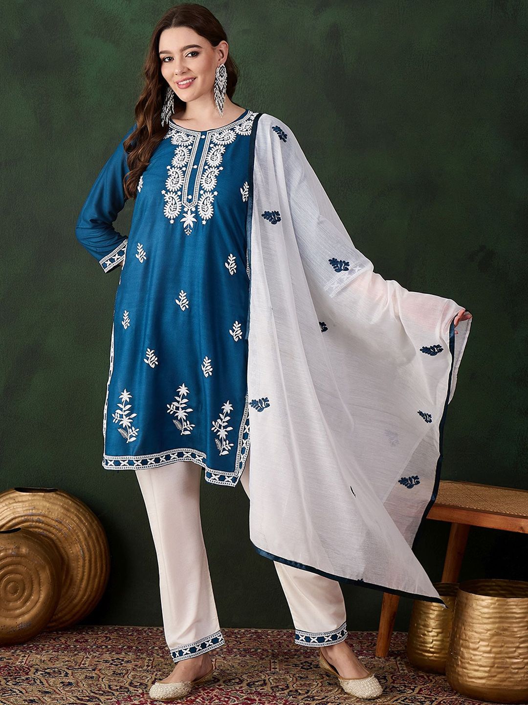 Sangria Teal Blue Paisley Embroidered Thread Work Straight Kurta & Trouser With Dupatta - Distacart