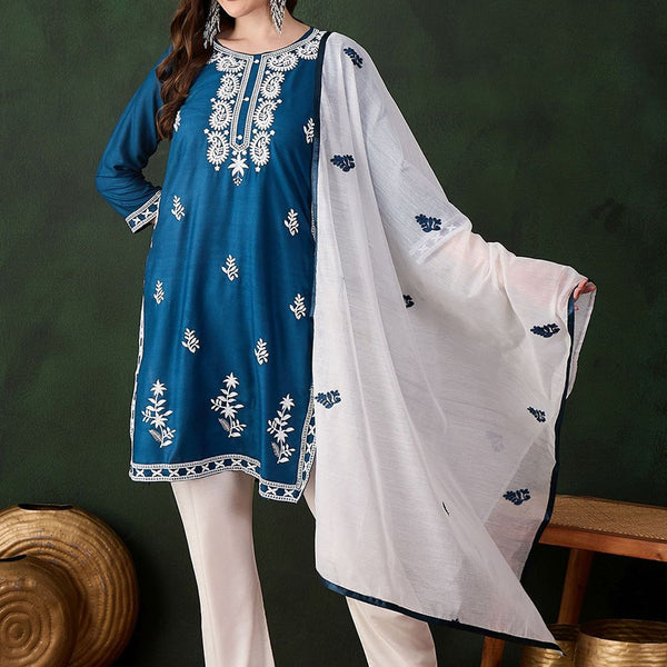 Sangria Teal Blue Paisley Embroidered Thread Work Straight Kurta & Trouser With Dupatta - Distacart