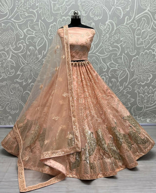 Jyoti Fashion Women's Peach Bridal Net Fancy Foil & Sequins with Multi Thread Embroidered Wedding Lehenga Choli - Distacart