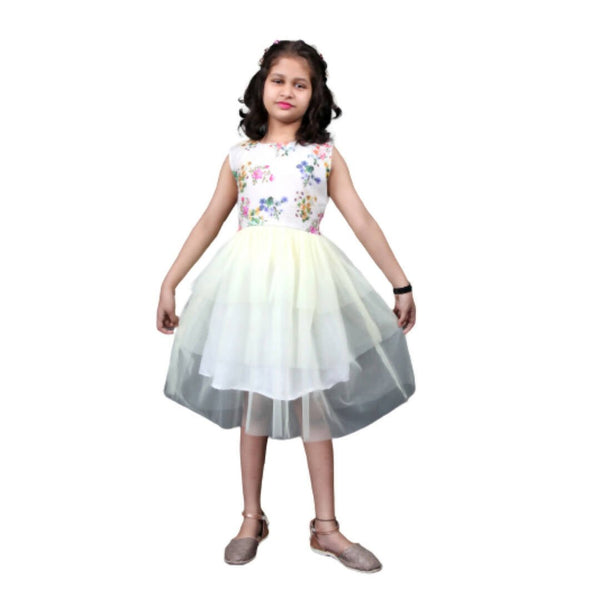 Akarshan Cotton Blend Floral Barbie Frock With Three Layered White Net - Cream & White - Distacart