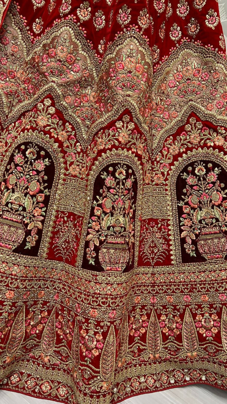 Jyoti Fashion Women's Red Velvet Multi Thread Embroidered with Zircon Diamond Wedding Lehenga Choli - Distacart