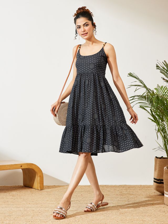 Janasya Navy Blue A-Line Cotton Dress - Dista