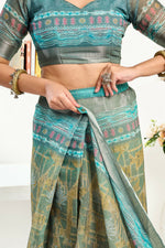 Thumbnail for Joban Fashion Petrol Ethinic Motifs Linen Ready To Wear Saree With Unstitched Blouse - Distacart