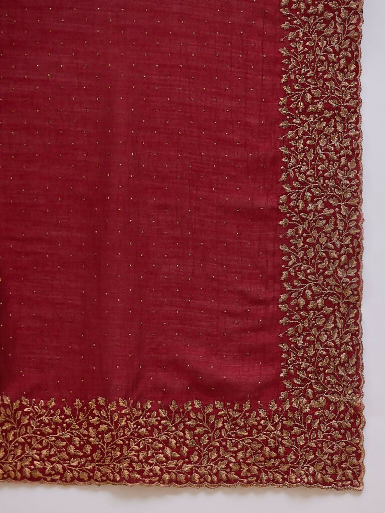 Maroon Silk Blend Embroidered Saree with Unstitched Blouse - Vairagi - Distacart