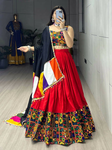 Yash Enterprise Red Rayon Cotton Embroidery Semi Stitched Navratri Chaniya Choli - Dista