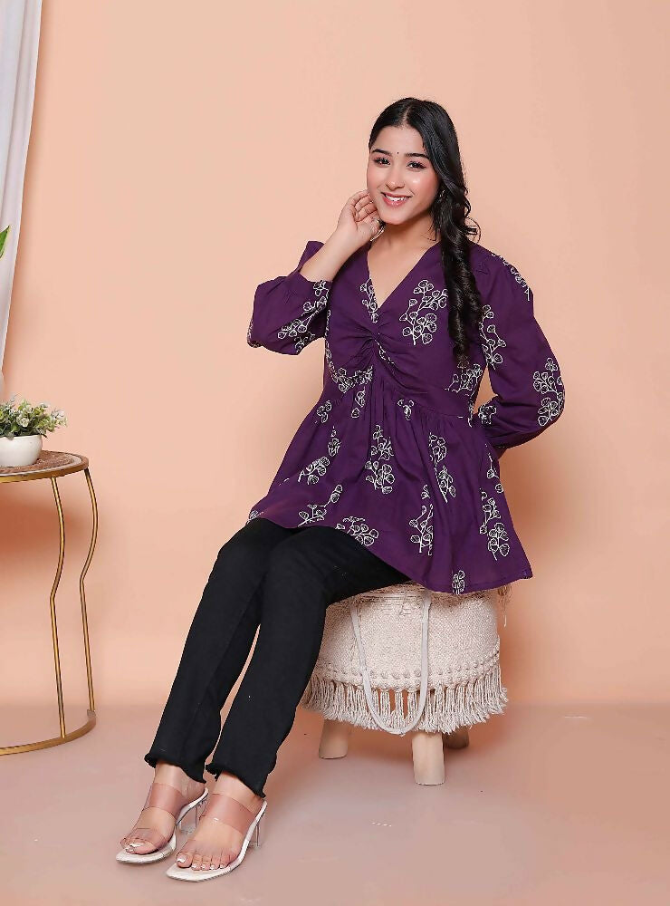 Miravan Womens Cotton Butterfly Style Floral Print V-Neck Top - Distacart