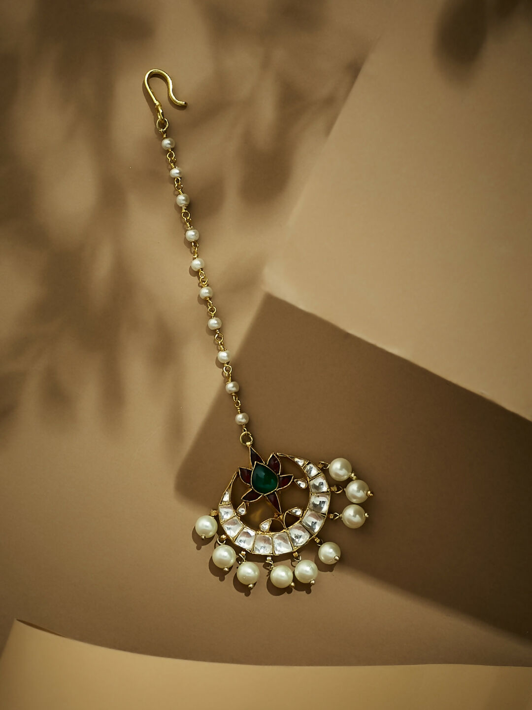 Nuyug 22K Gold-Plated Green Stone & Kundan Studded with Pearl Drop Maang Tikka Head Jewellery