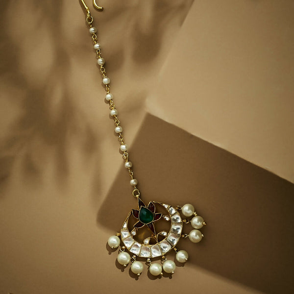 Nuyug 22K Gold-Plated Green Stone & Kundan Studded with Pearl Drop Maang Tikka Head Jewellery - Distacart