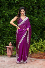 Thumbnail for Vastranavya Purple Embroidery Work Shimmer Chiffon Saree with Unstitched Blouse