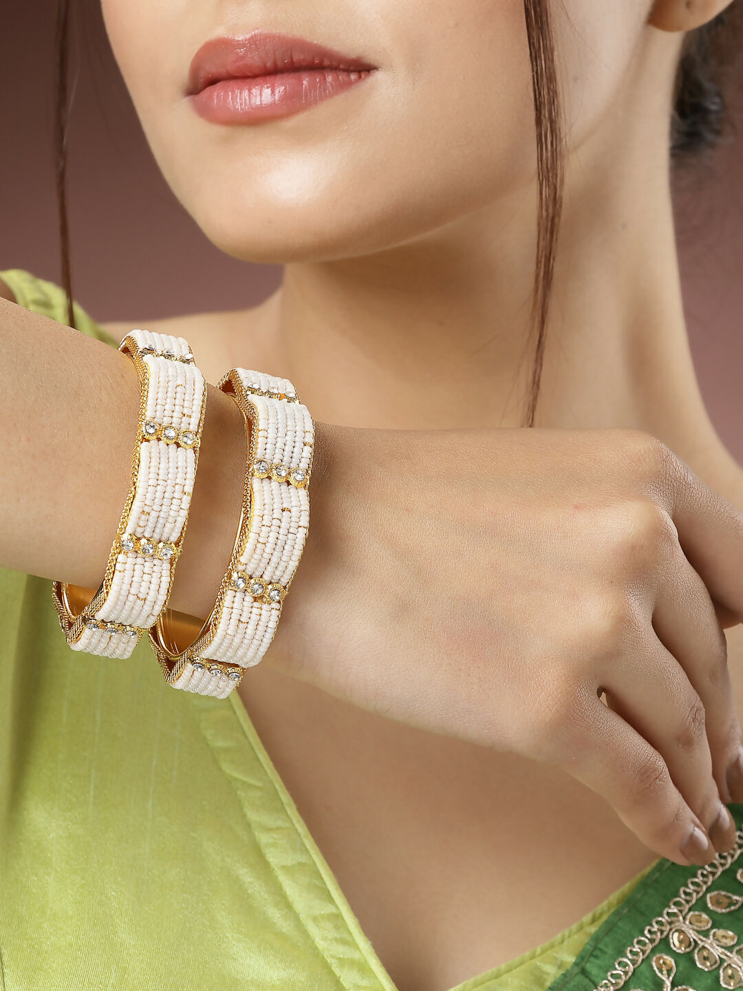 NVR Women's Set of 2 Gold-Plated Pearl Handcrafted Traditional Bangles - Distacart