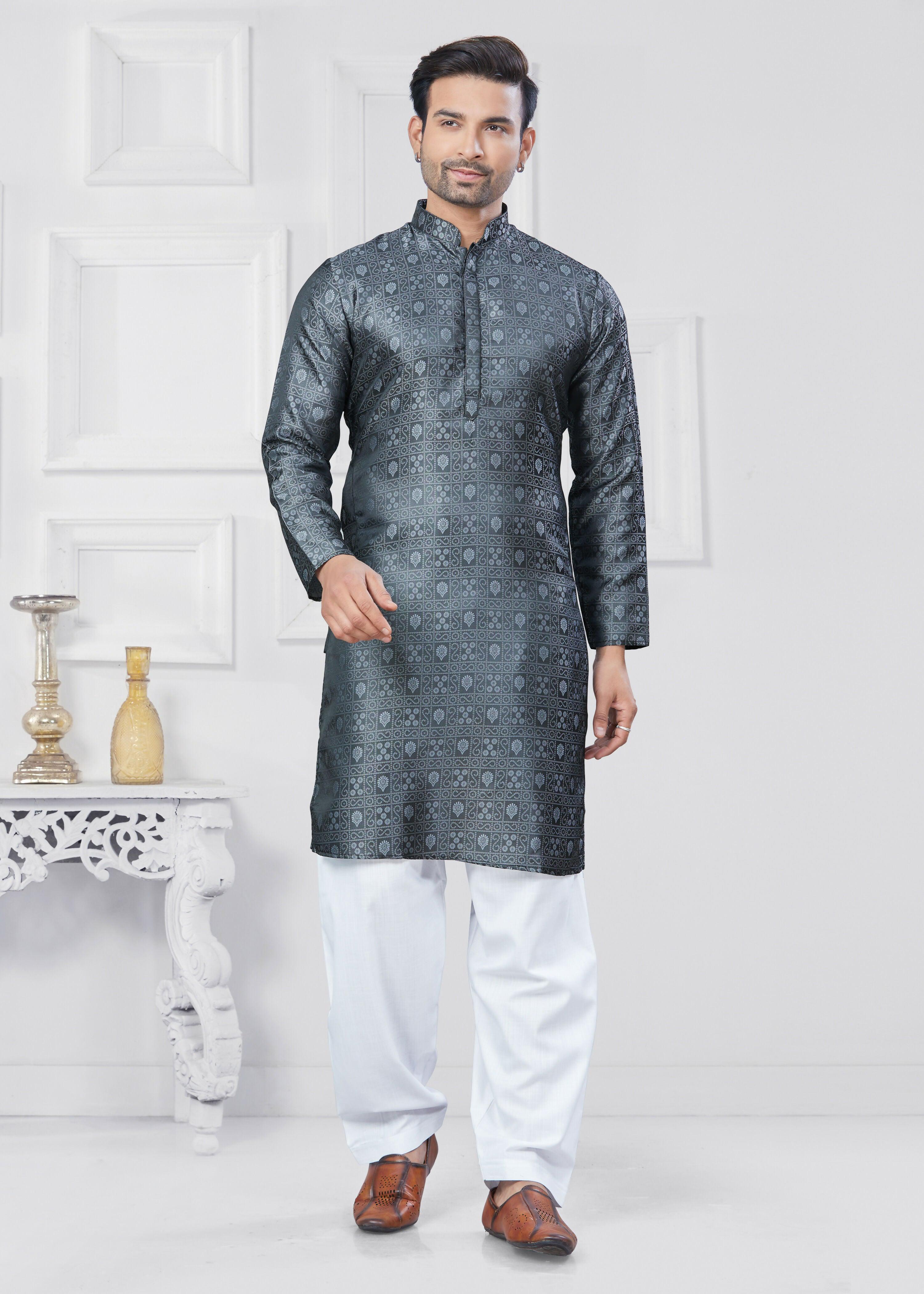 Joban Fashion Men's Jacquard Silk Grey Printed Kurta Pyjama set - Distacart