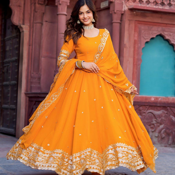 The52 Women's Beautiful Faux Georgette Fabric Embroidery Work Flared Anarkali Pant and Dupatta Set - Distacart