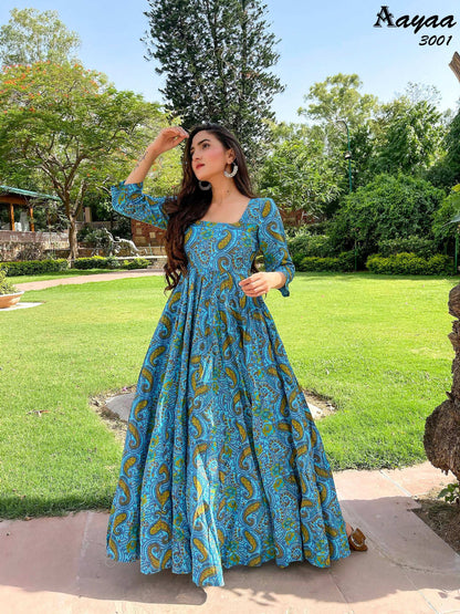 Aayaa Pure Ab Cotton Gown With Heavy Digital Print - Multi Color - Distacart
