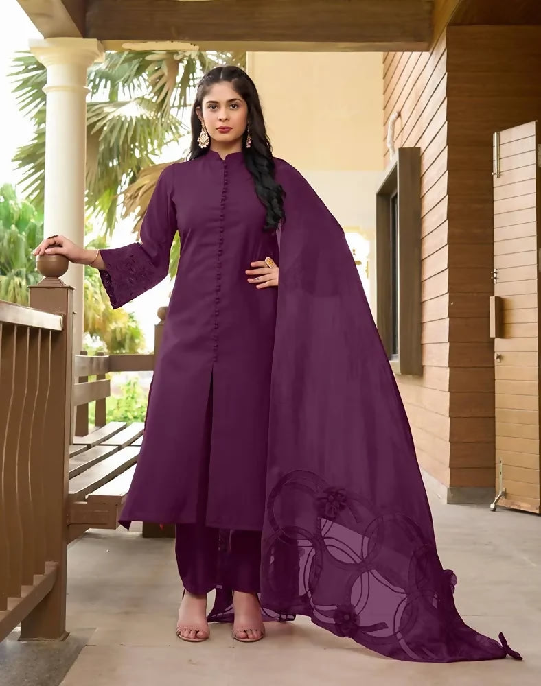Nikhaar Violet Embroidered Art Silk A Line Readymade Pakistani Suit