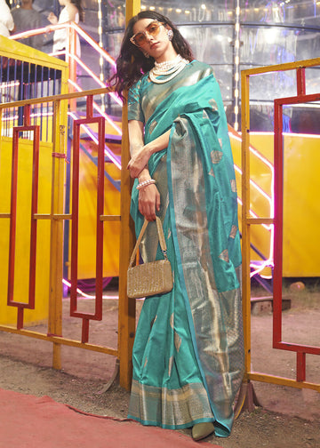Beautiful Aqua Blue Handloom Weaving Silk Saree - Emponline - Distacart