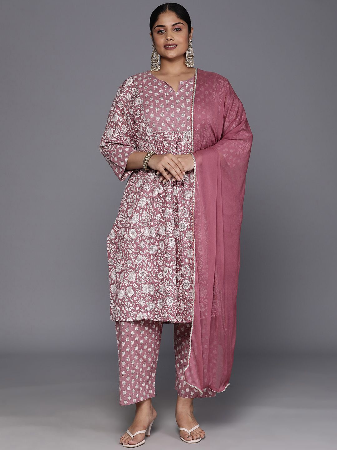Sztori Plus Size Floral Printed Sequinned Pure Cotton A Line Kurta & Trousers With Dupatta - Distacart