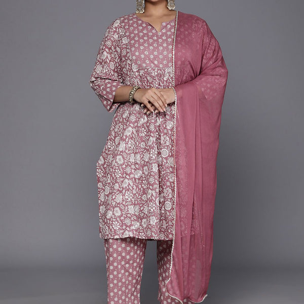 Sztori Plus Size Floral Printed Sequinned Pure Cotton A Line Kurta & Trousers With Dupatta - Distacart