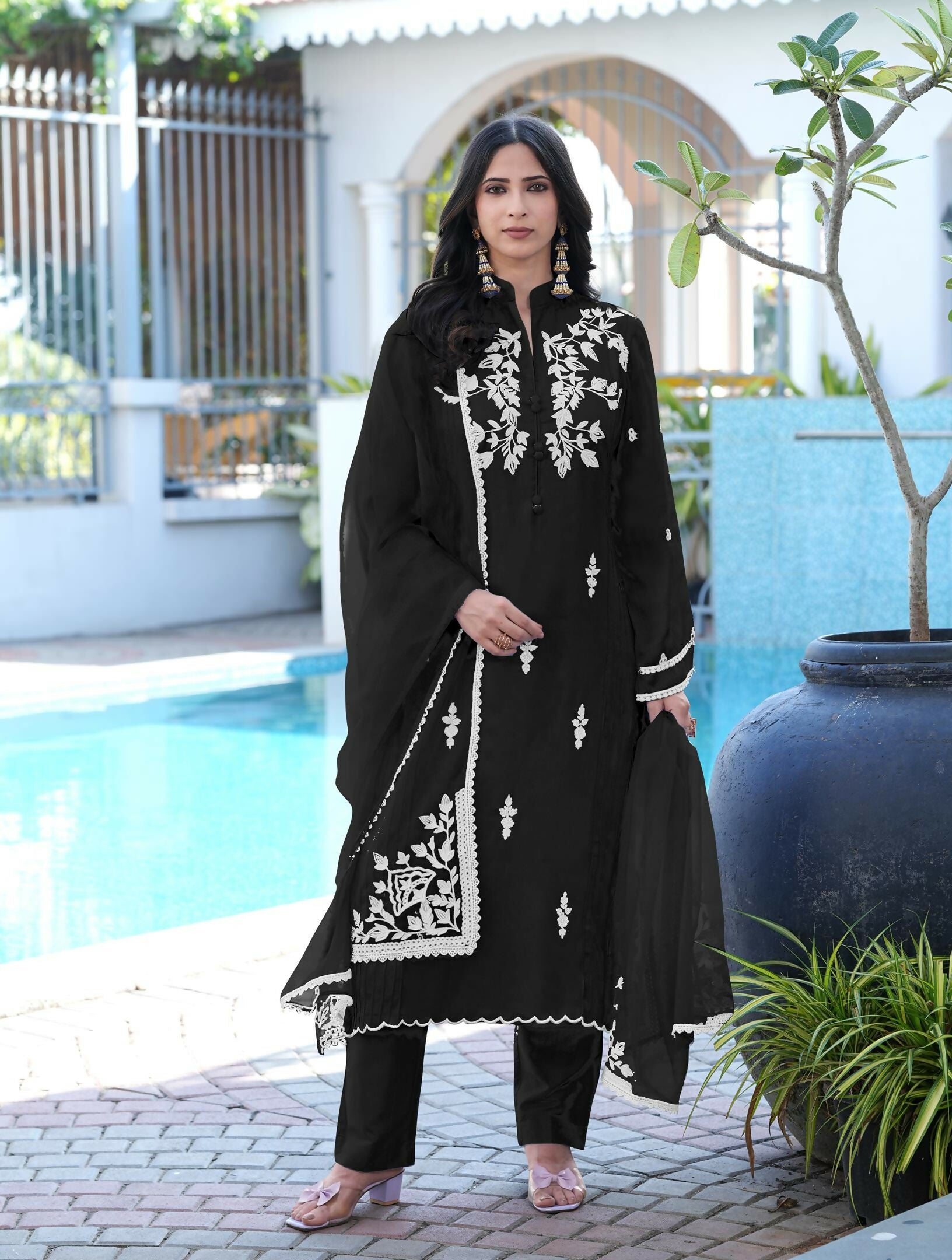 Nikhaar Black Embroidered Modal Silk Stitched Straight Cut Kurta Pants Dupatta Readymade Suit - Dista