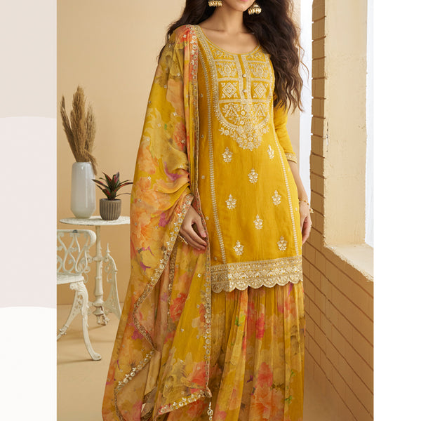 Evanik Women Yellow Chinon Silk Zari Embroidered Sequins Sharara Suit - Distacart