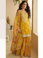 Thumbnail for Evanik Women Yellow Chinon Silk Zari Embroidered Sequins Sharara Suit - Distacart