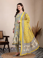 Thumbnail for Yufta Yellow And Beige Pure Cotton Floral Print Tiered Kurta Dupatta Set