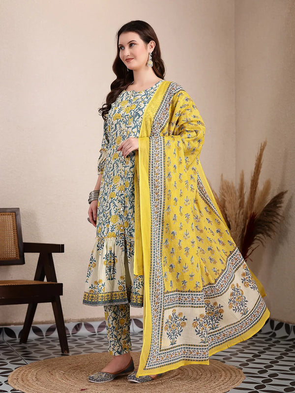 Yufta Yellow And Beige Pure Cotton Floral Print Tiered Kurta Dupatta Set
