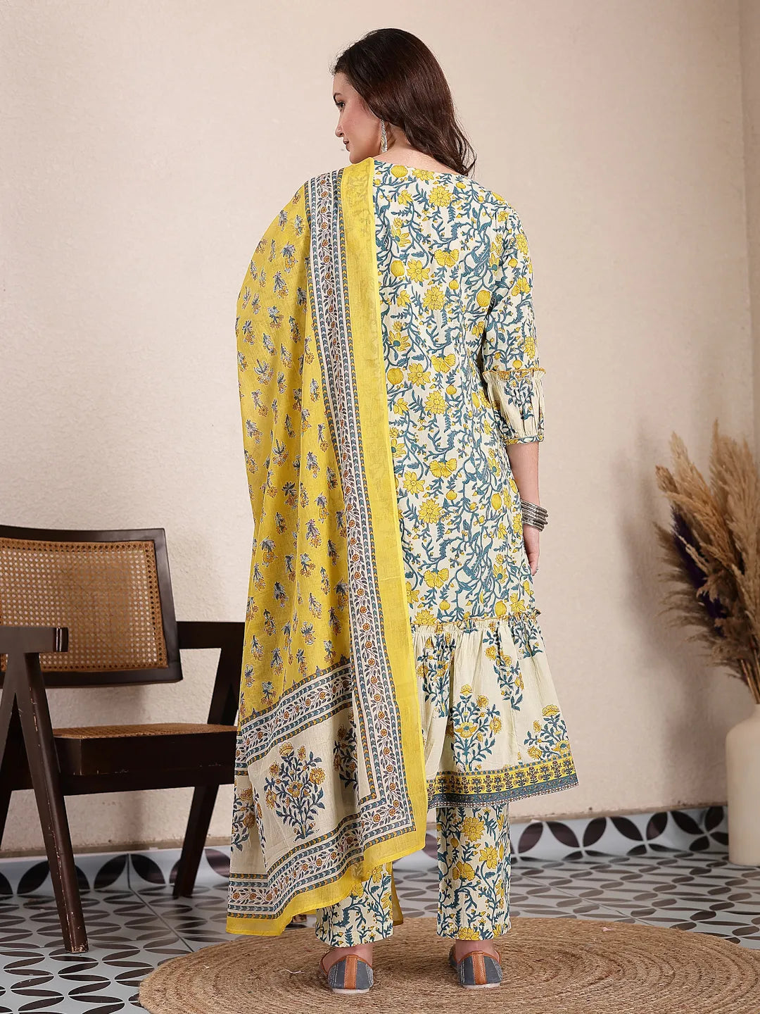 Yufta Yellow And Beige Pure Cotton Floral Print Tiered Kurta Dupatta Set