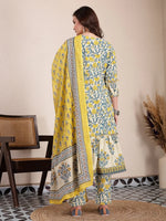 Thumbnail for Yufta Yellow And Beige Pure Cotton Floral Print Tiered Kurta Dupatta Set