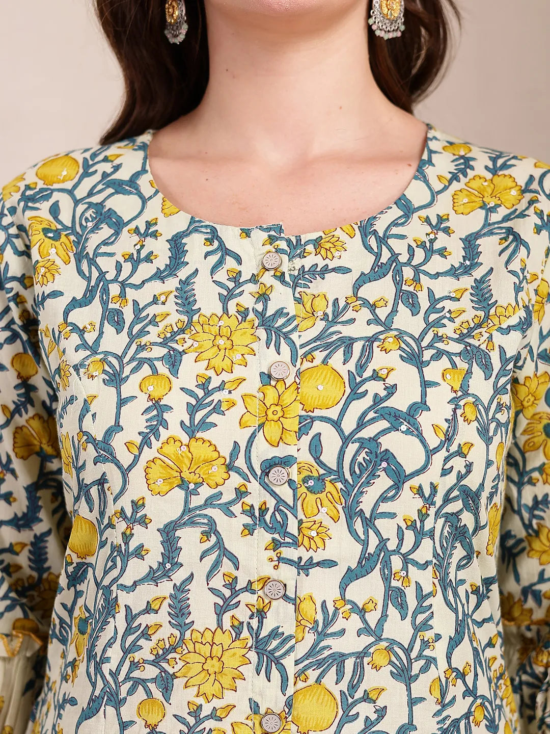Yufta Yellow And Beige Pure Cotton Floral Print Tiered Kurta Dupatta Set