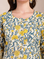 Thumbnail for Yufta Yellow And Beige Pure Cotton Floral Print Tiered Kurta Dupatta Set
