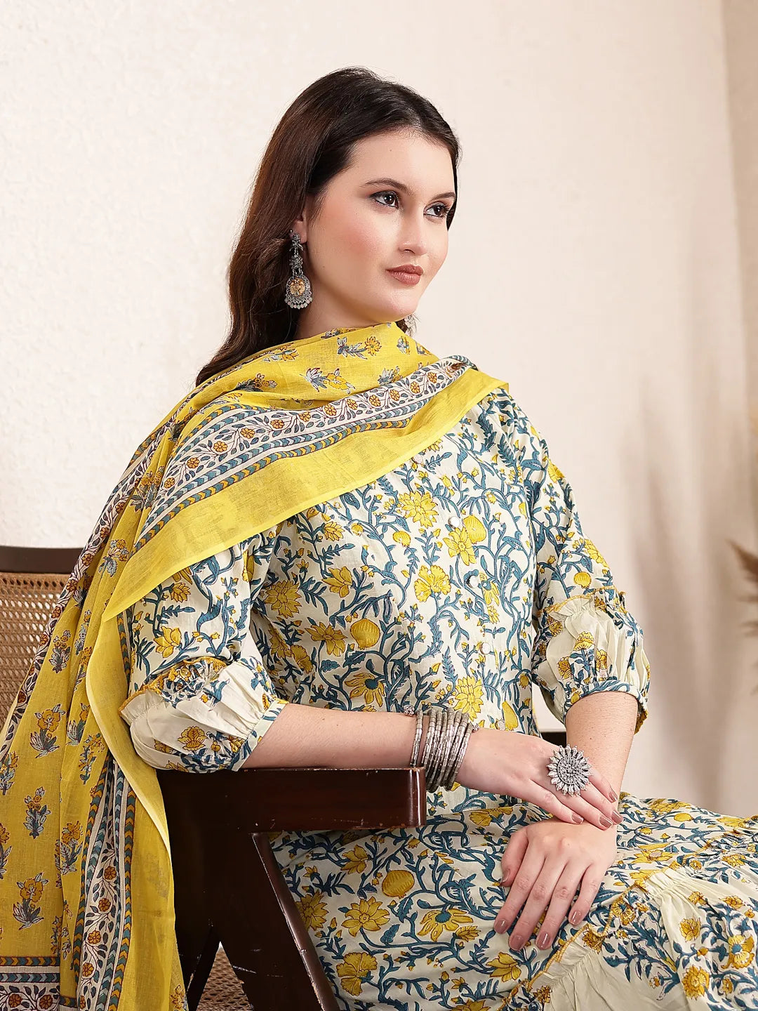 Yufta Yellow And Beige Pure Cotton Floral Print Tiered Kurta Dupatta Set