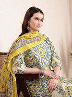 Thumbnail for Yufta Yellow And Beige Pure Cotton Floral Print Tiered Kurta Dupatta Set