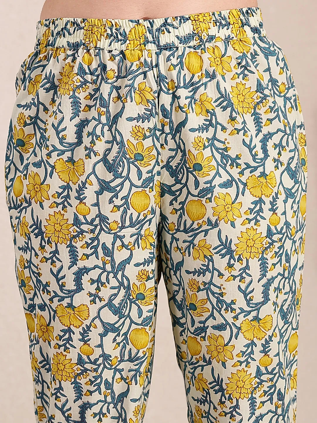 Yufta Yellow And Beige Pure Cotton Floral Print Tiered Kurta Dupatta Set