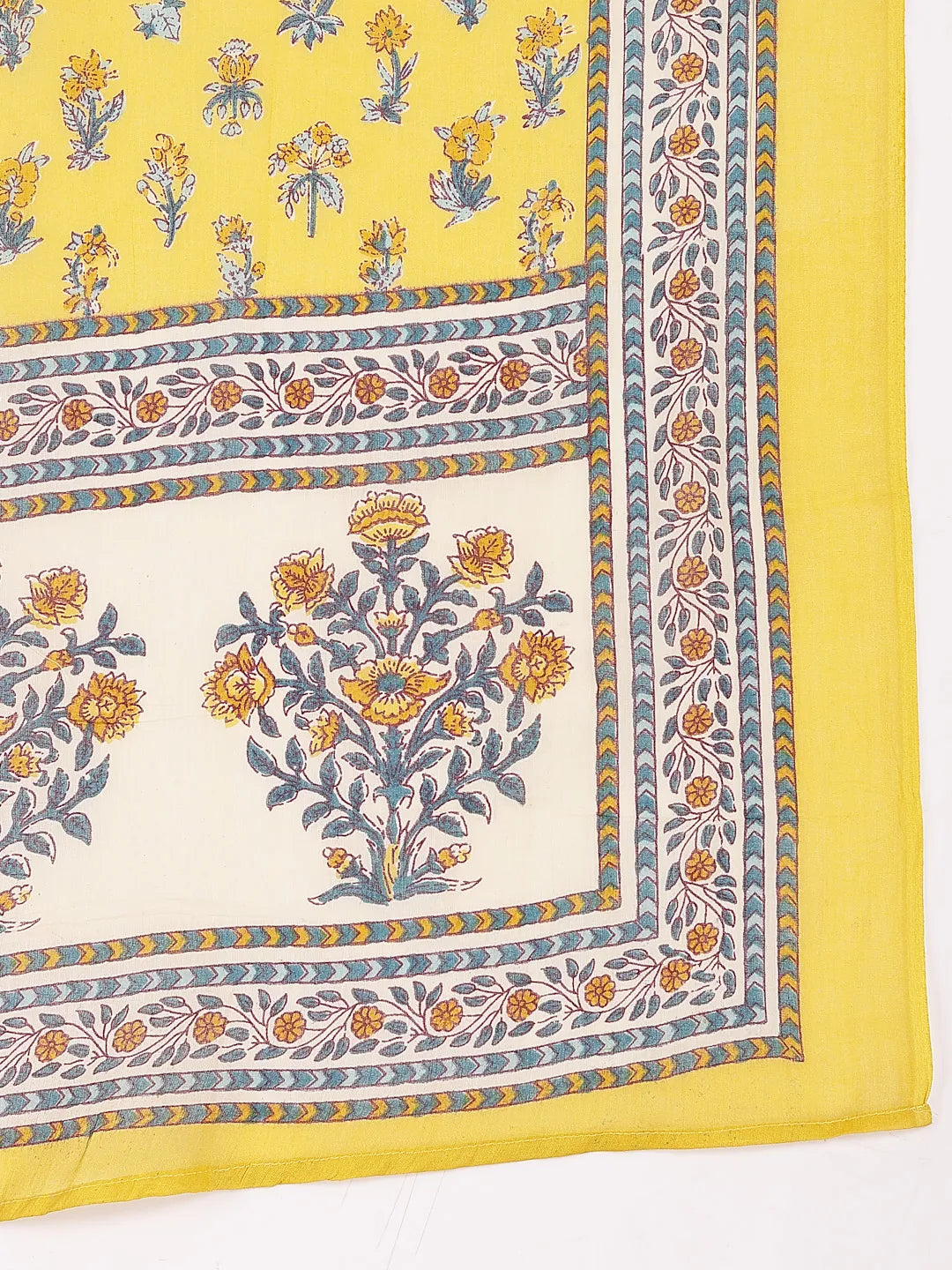 Yufta Yellow And Beige Pure Cotton Floral Print Tiered Kurta Dupatta Set